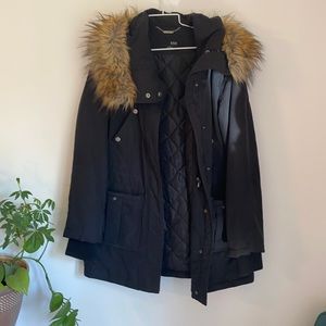 Sleek black winter coat with faux fur around hood